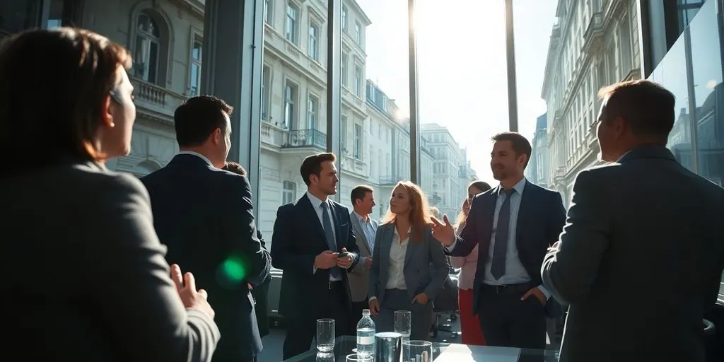 European cityscape, business people, data visuals.