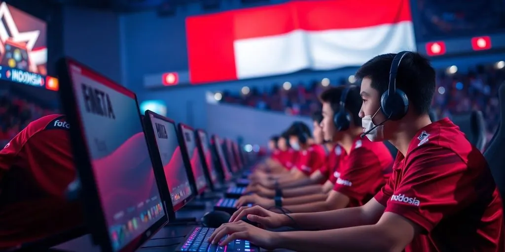 Esports players, Indonesian flag, gaming stadium.