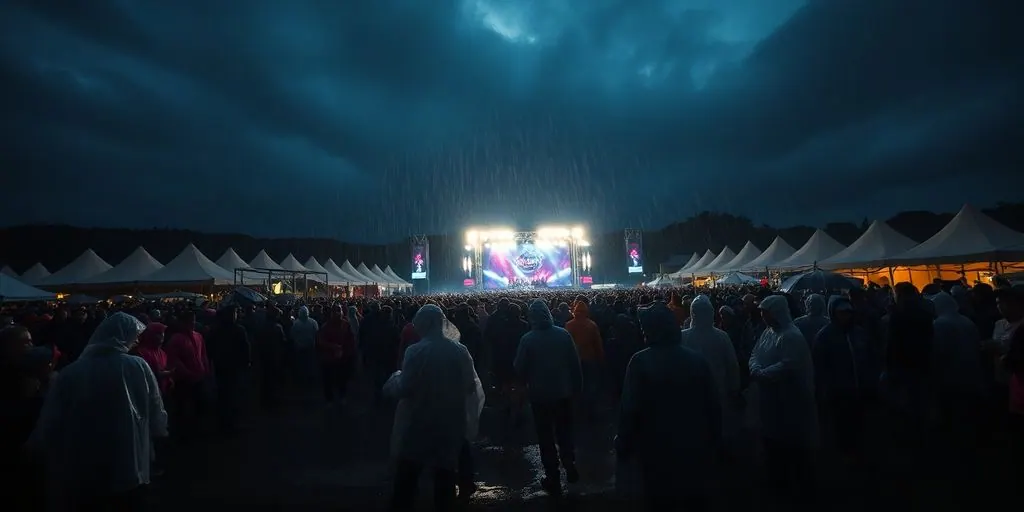 Rain-soaked festival crowd, muddy field.