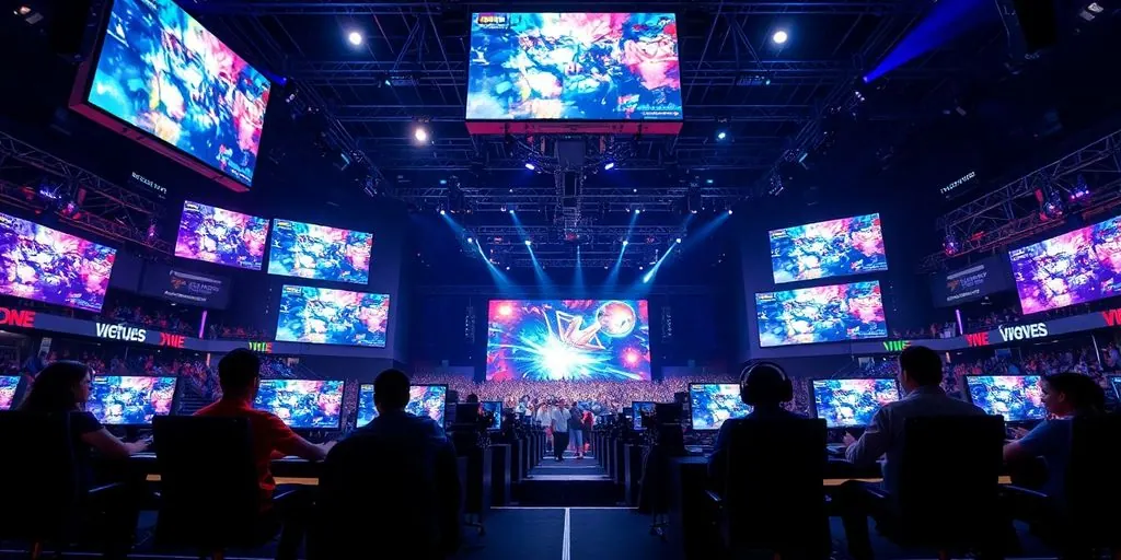 Gamers at computers on an illuminated stage with large video screens.
