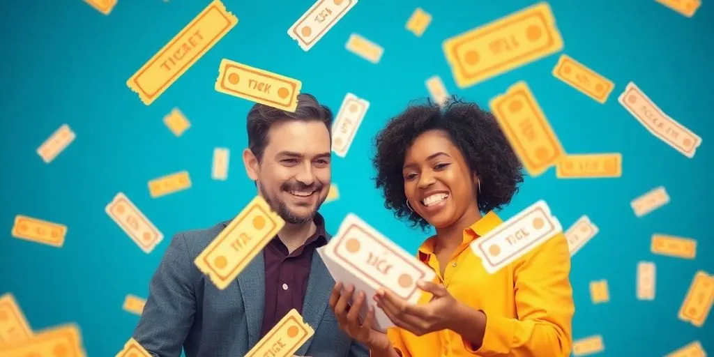 Two people collaborating with ticket icons.