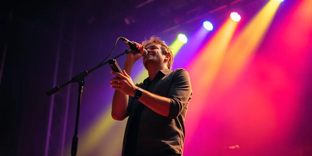 Musician performing on stage with bright spotlights.