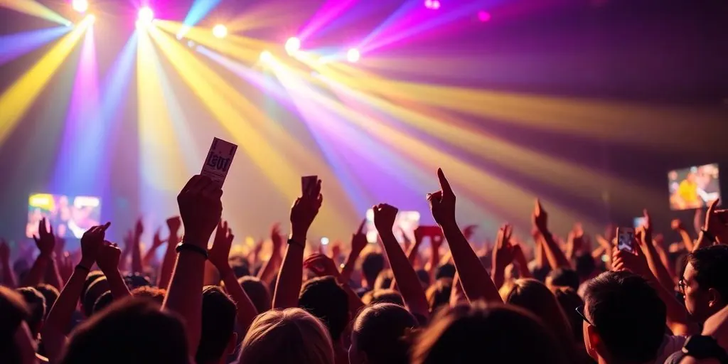 Fans excitedly holding up concert tickets.