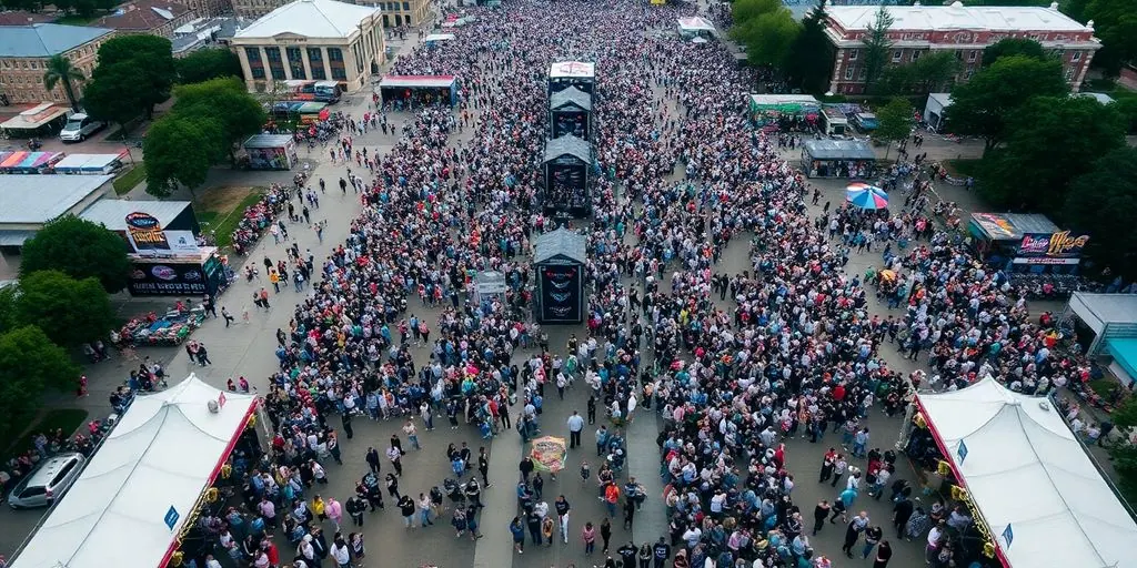Crowd moving through a festival site.