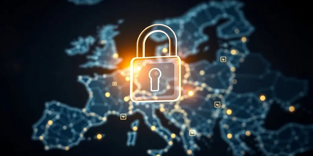 European Union map, digital padlock, streaming icons, security.