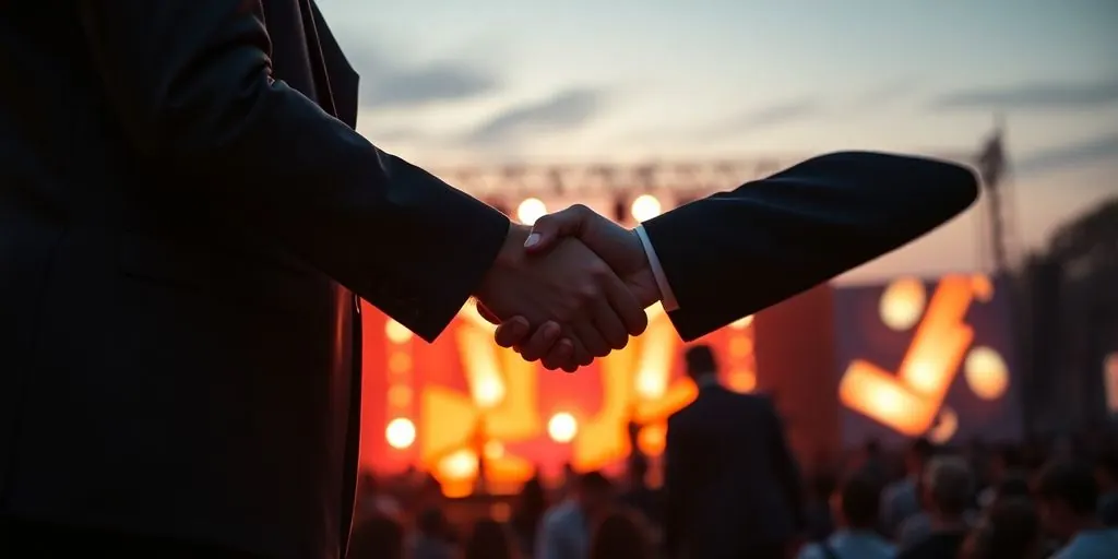 Two people shaking hands with a concert stage behind them.